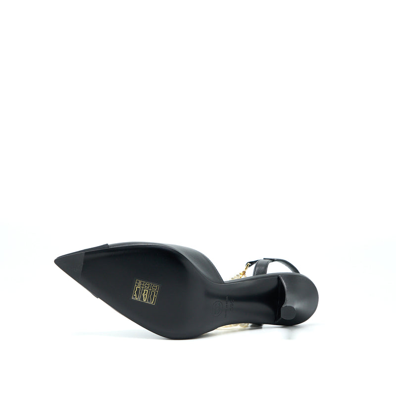 Chanel Size 39 Heel with Pearl Leather/Fabric Black GHW