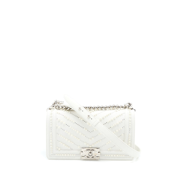 Chanel Medium Boy Bag Chevron Limited Lambskin With Pearl White SHW