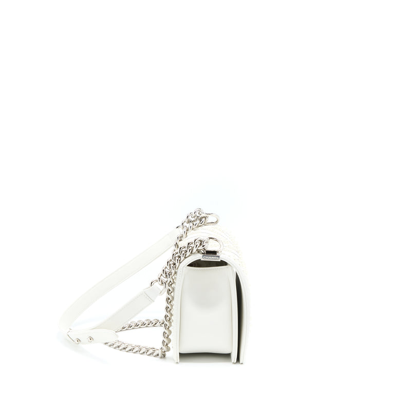 Chanel Medium Boy Bag Chevron Limited Lambskin With Pearl White SHW