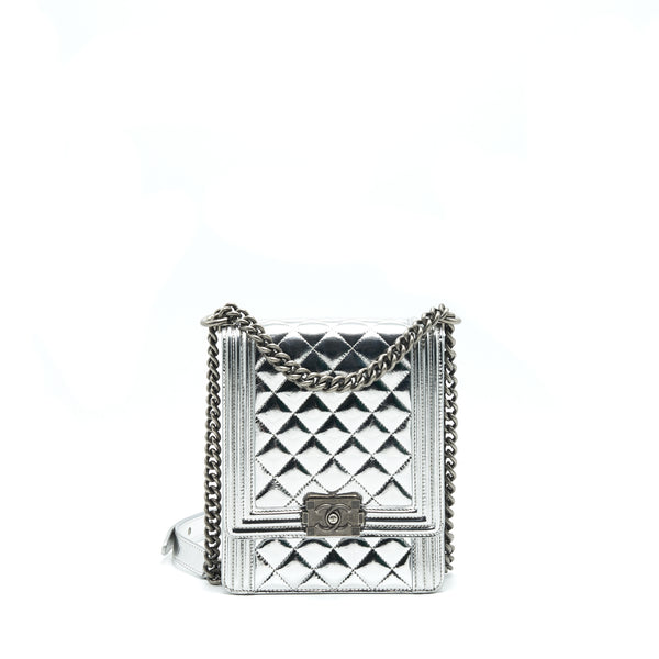 Chanel Vertical Metallic Boy Bag Silver Ruthenium Hardware