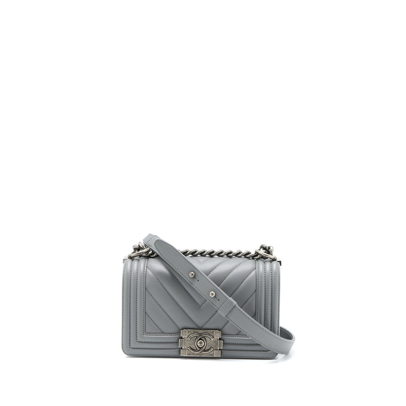 Chanel Small Boy Bag Chevron Lambskin Grey Ruthenium Hardware