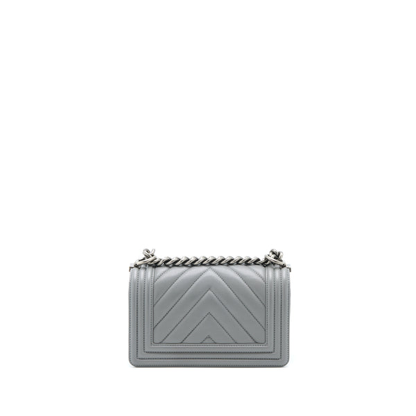 Chanel Small Boy Bag Chevron Lambskin Grey Ruthenium Hardware