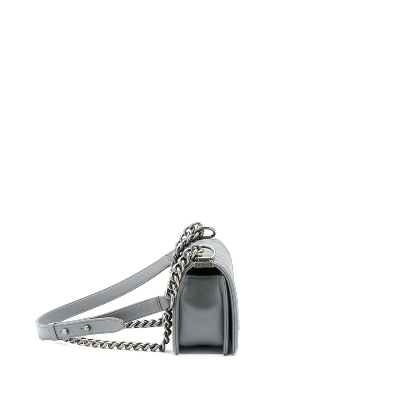 Chanel Small Boy Bag Chevron Lambskin Grey Ruthenium Hardware