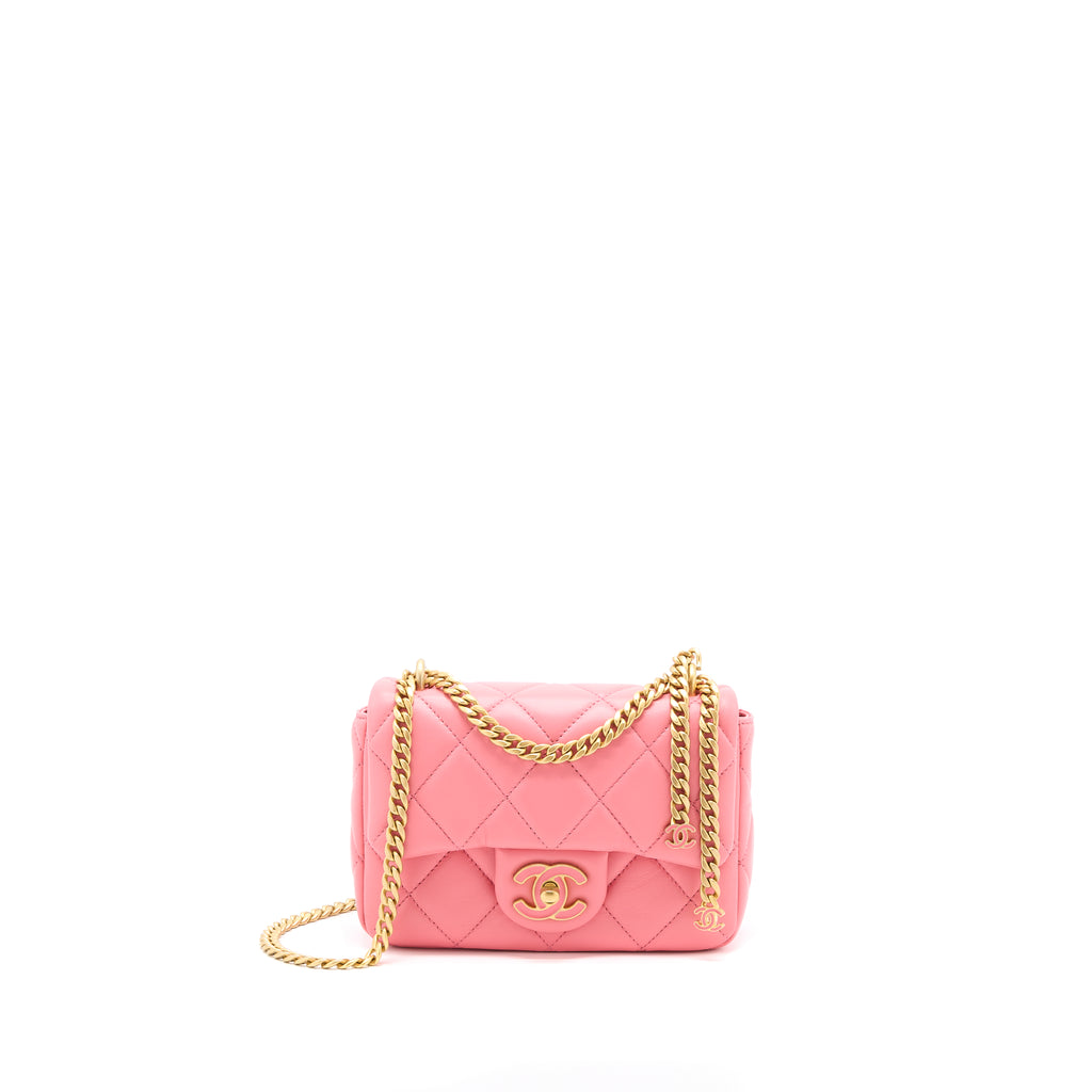 Chanel 22P Mini Square Flap Bag Lambskin Pink With Enamel And Gold Har