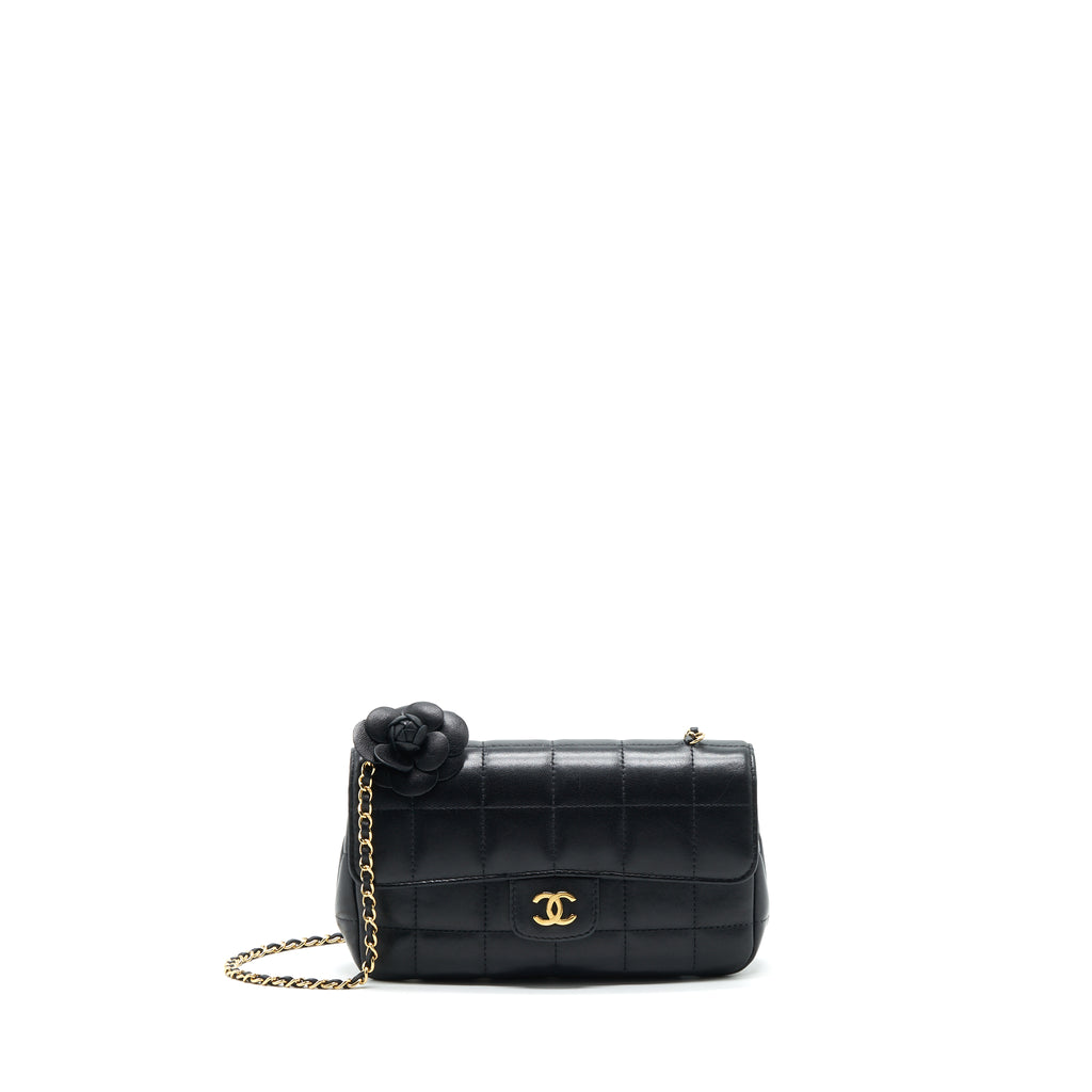 Chanel Camellia Chocolate Bar Flap Bag Quilted Lambskin Mini Black