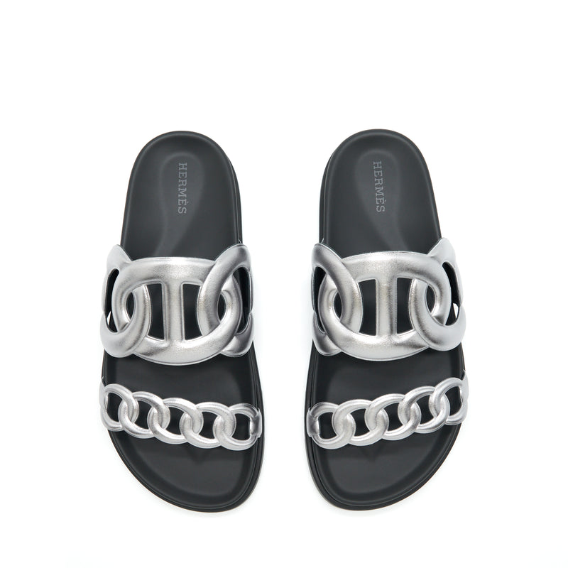 Hermes Size 38 Sandals Extra Silver/Black