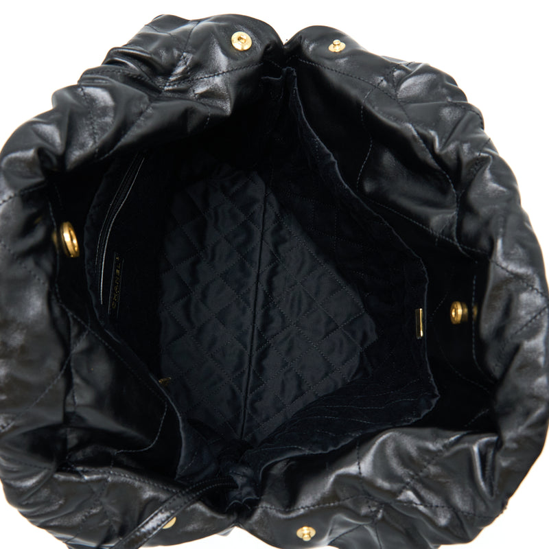 Chanel 22 Bag Medium Shiny Calfskin Black In Gold Letter GHW (Microchip)