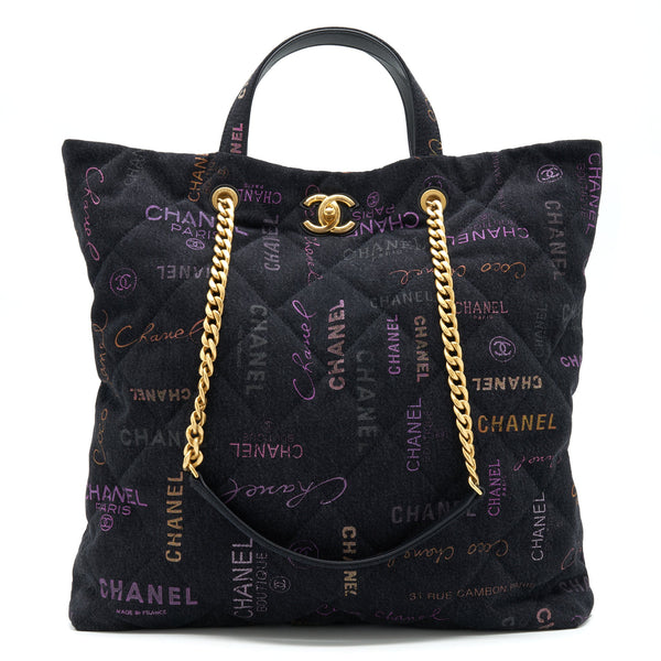 Chanel 22P Printed Denim Maxi Shopping Tote Bag Black/Multicolour GHW