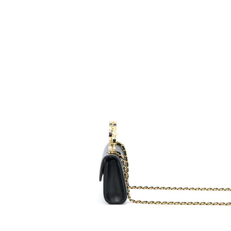 Chanel 22B Flap Bag With Enamel Top Handle Lambskin Black GHW