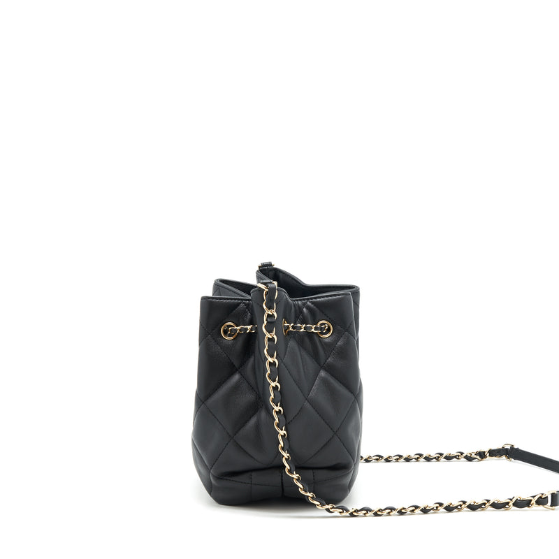 Black Quilted Leather Small Drawstring Bucket Bag