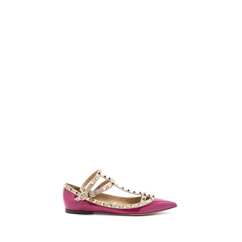 Valentino Size 38.5 Garavani Rockstud Ballet Flat Caged Patent Pink LGHW