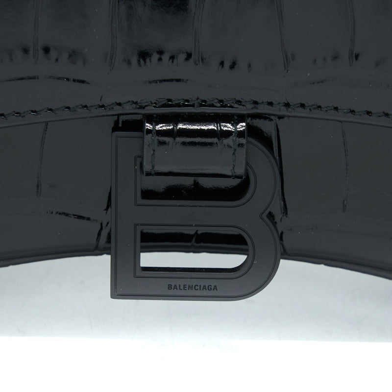 Balenciaga Hourglass XS Croc-Embossed Leather Black with Black Hardware