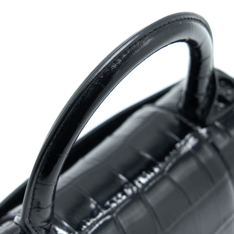 Balenciaga Hourglass XS Croc-Embossed Leather Black with Black Hardware