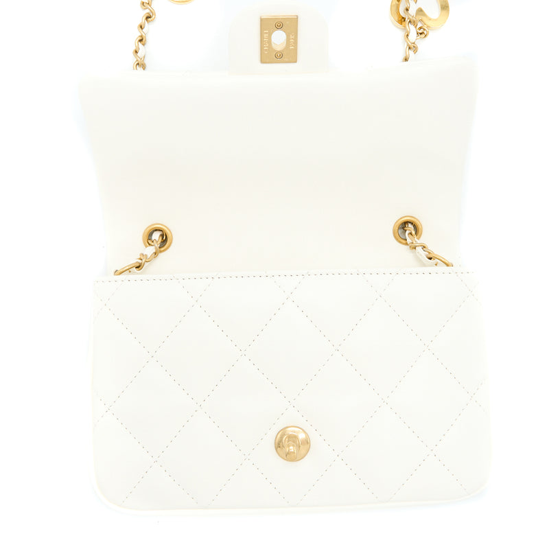 Chanel Quilted Flap Bag With Heart Charm Chain Lambskin White GHW(Microchip)