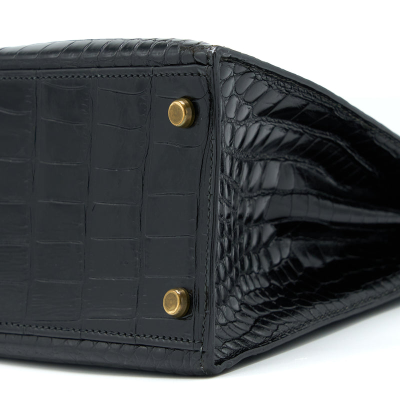 Hermes Vintage Kelly 32 Shiny Crocodile Porosus Black GHW Stamp Circle Q