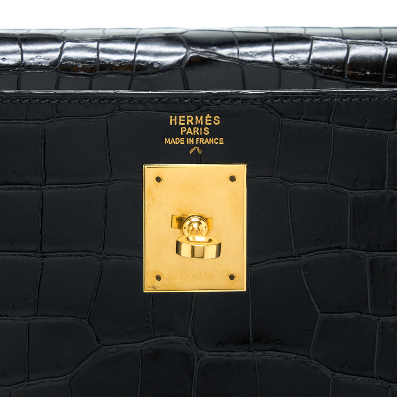 Hermes Vintage Kelly 32 Shiny Crocodile Porosus Black GHW Stamp Circle Q