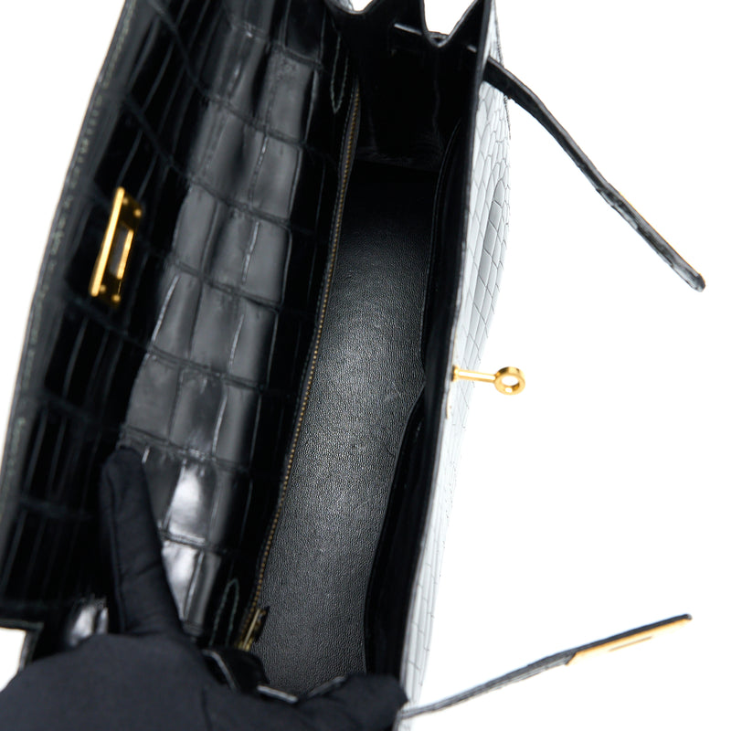 Hermes Vintage Kelly 32 Shiny Crocodile Porosus Black GHW Stamp Circle Q