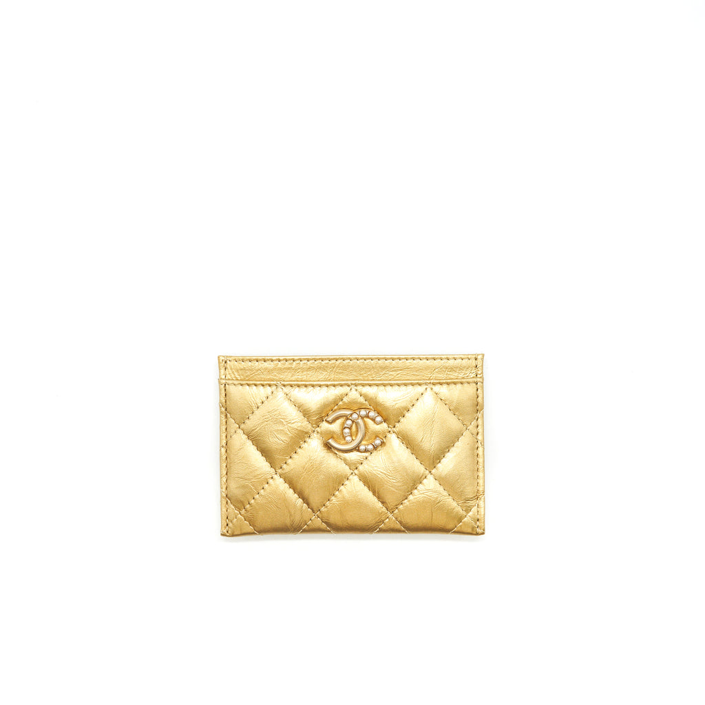 Chanel Quilted Card Holder Lambskin Gold Colour with Gold and Pearl CC