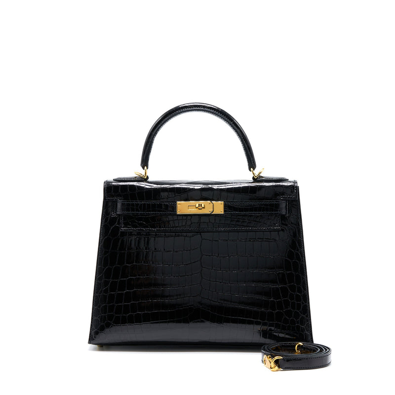 Hermes Kelly 28 Sellier Shiny Niloticus Crocodile Black GHW Stamp C