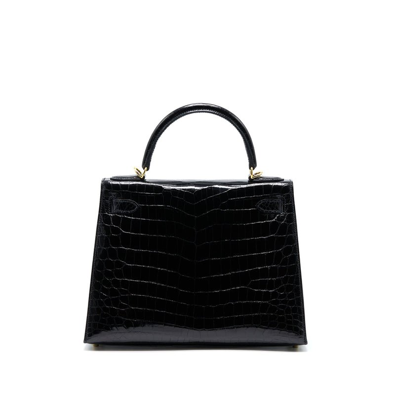 Hermes Kelly 28 Sellier Shiny Niloticus Crocodile Black GHW Stamp C