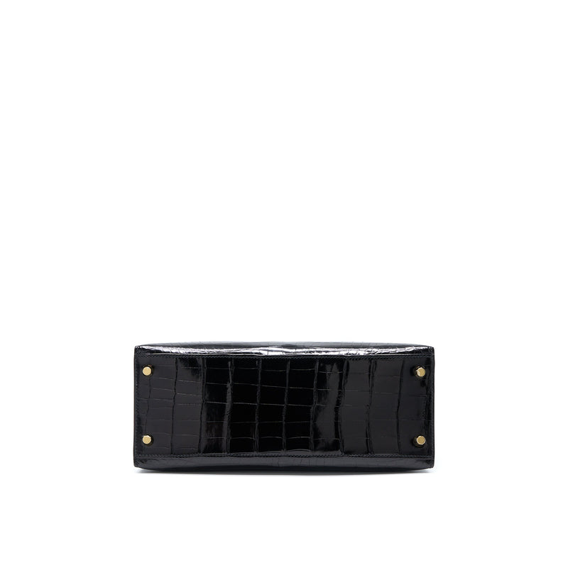 Hermes Kelly 28 Sellier Shiny Niloticus Crocodile Black GHW Stamp C