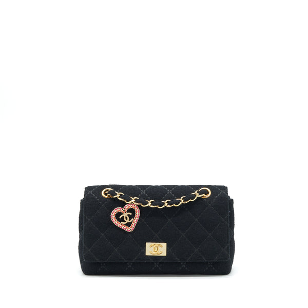 Chanel Vintage Shoulder Bag fabric Black GHW With An Extra Bag Charm