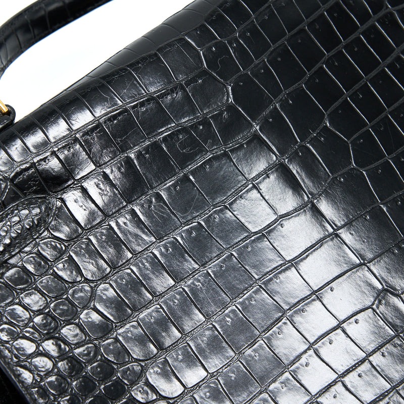 Hermes Vintage Kelly 32 Shiny Crocodile Porosus Black GHW Stamp Circle Q