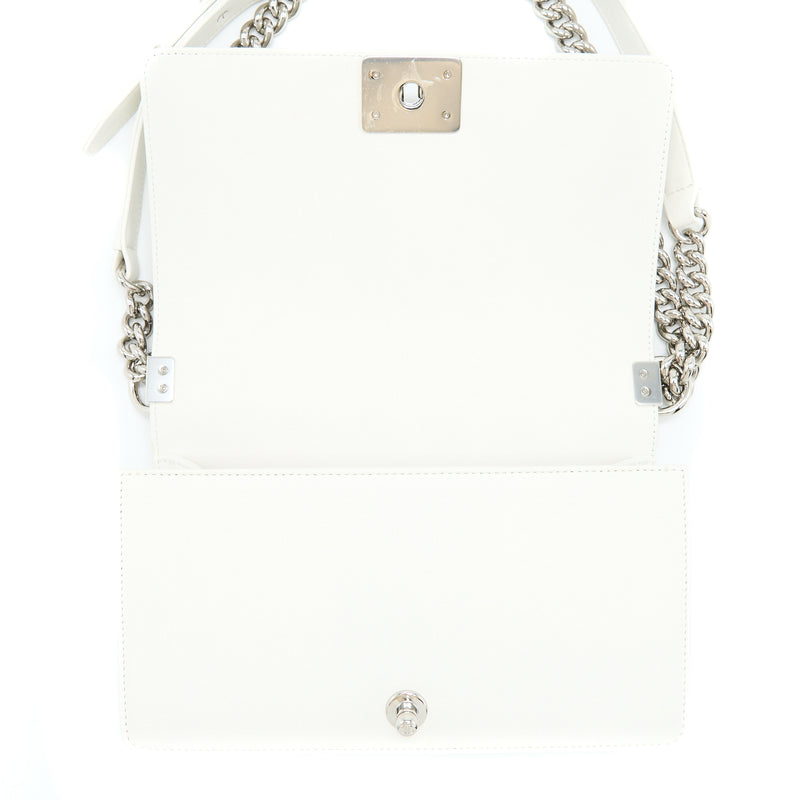 Chanel Medium Boy Bag Chevron Limited Lambskin With Pearl White SHW