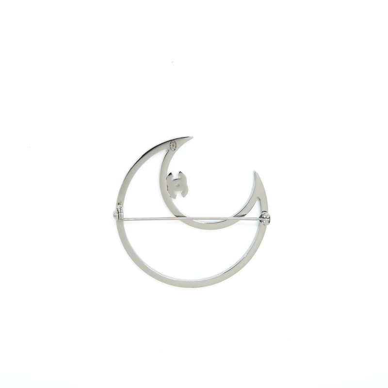 Chanel Crystal CC Crescent Moon Brooch Silver Tone
