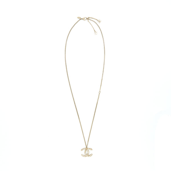 Chanel CC Logo Necklace Light Gold Tone With Pearl Design