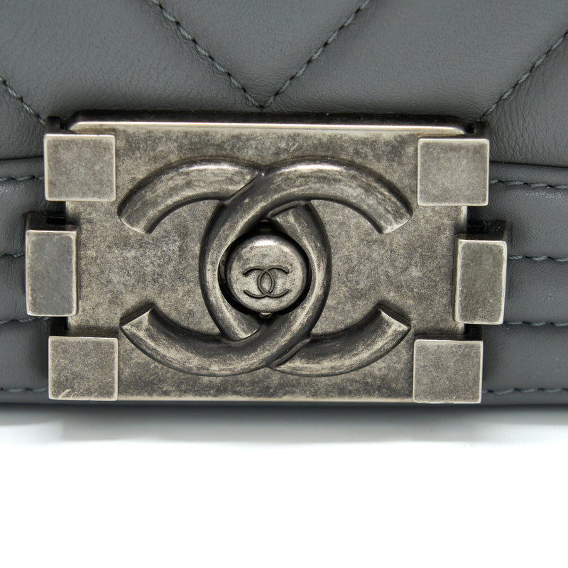 Chanel Small Boy Bag Chevron Lambskin Grey Ruthenium Hardware