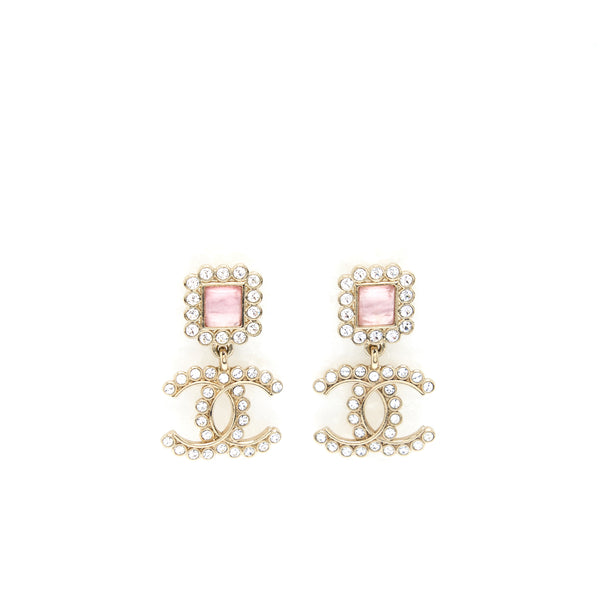 Chanel Crystal CC Drop Earrings With Pink Stud LGHW