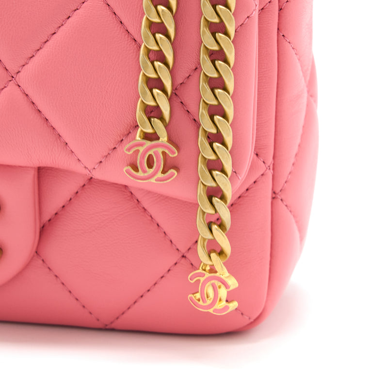 Chanel 22P Mini Square Flap Bag Lambskin Pink With Enamel And Gold Hardware (Microchip)