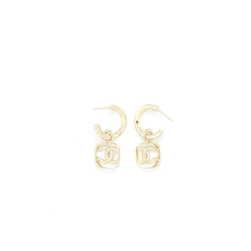 Chanel 23P Square CC Logo Drop Earrings Crystal Light Gold Tone