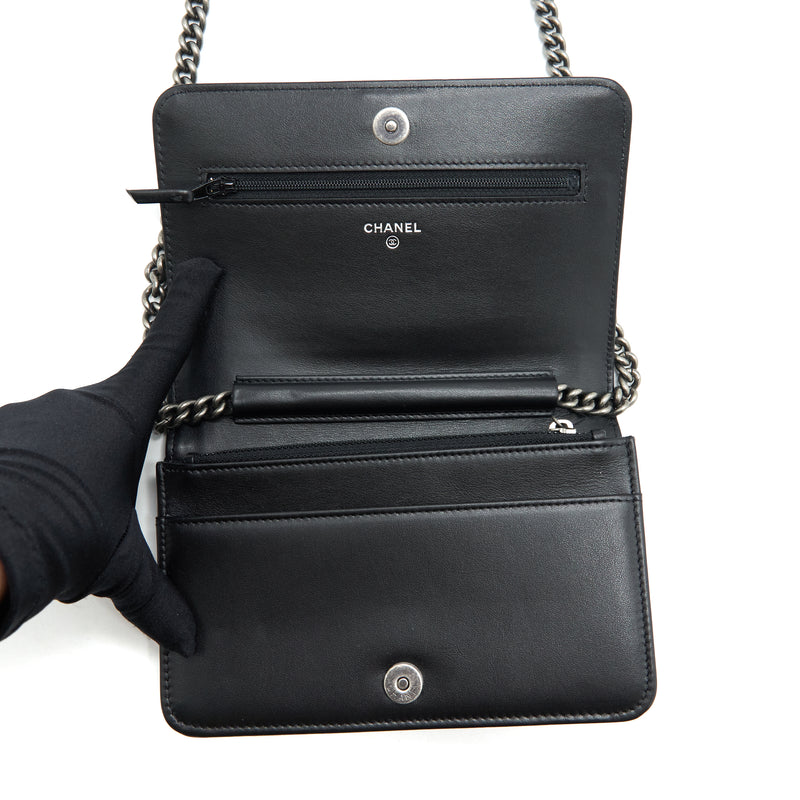 Chanel Boy Wallet On Chain Caviar Black Ruthenium Sliver Hardware (Microchip）