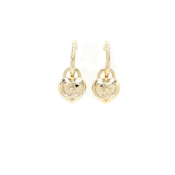 Chanel Heart CC Earrings Light Gold Tone