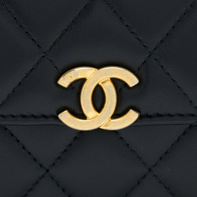Chanel 22B Flap Bag With Enamel Top Handle Lambskin Black GHW