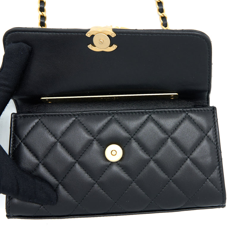 Chanel 22B Flap Bag With Enamel Top Handle Lambskin Black GHW