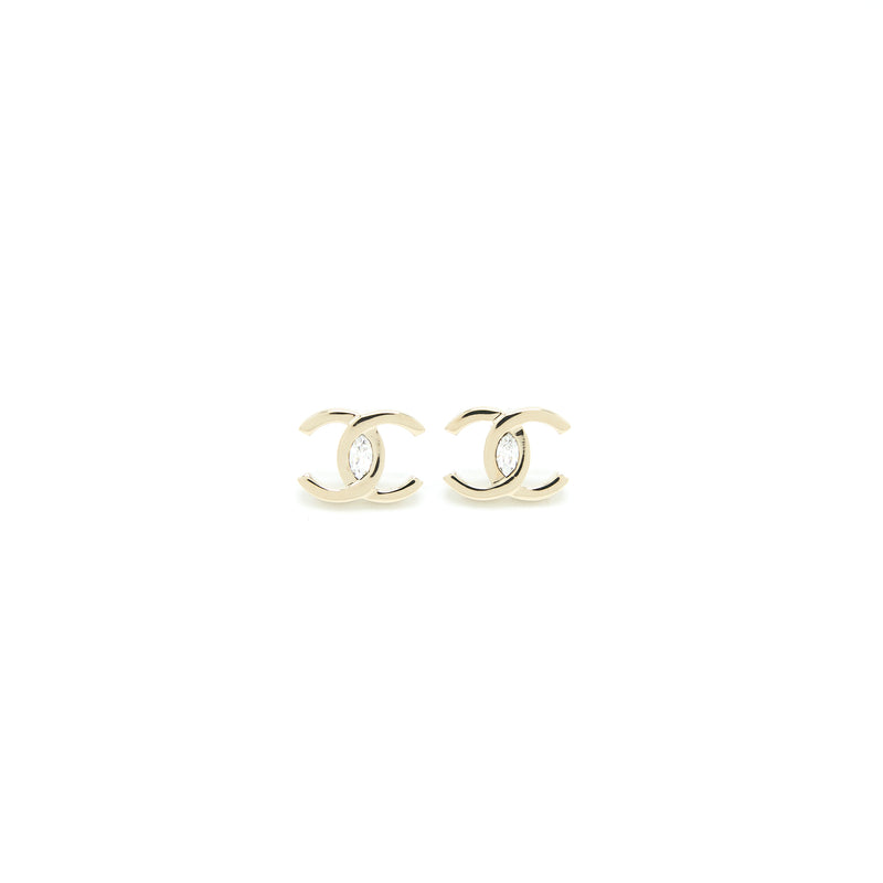 Chanel CC Logo Earrings Crystal Light Gold Tone