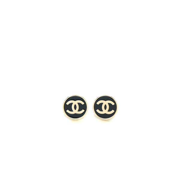 Chanel Round and CC Logo Earrings Black/Light Gold Tone