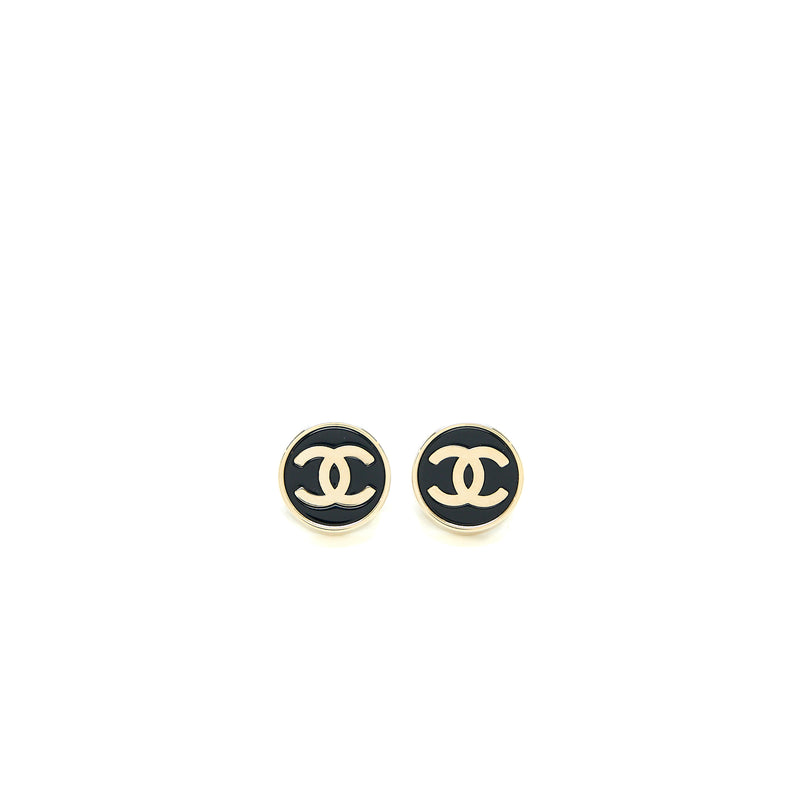 Chanel Round and CC Logo Earrings Black/Light Gold Tone