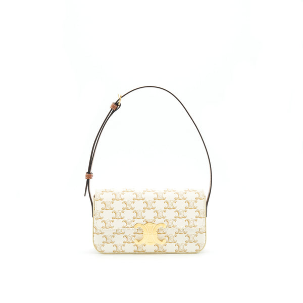 Celine Triomphe Shoulder Bag in Triomphe Canvas and Calfskin White