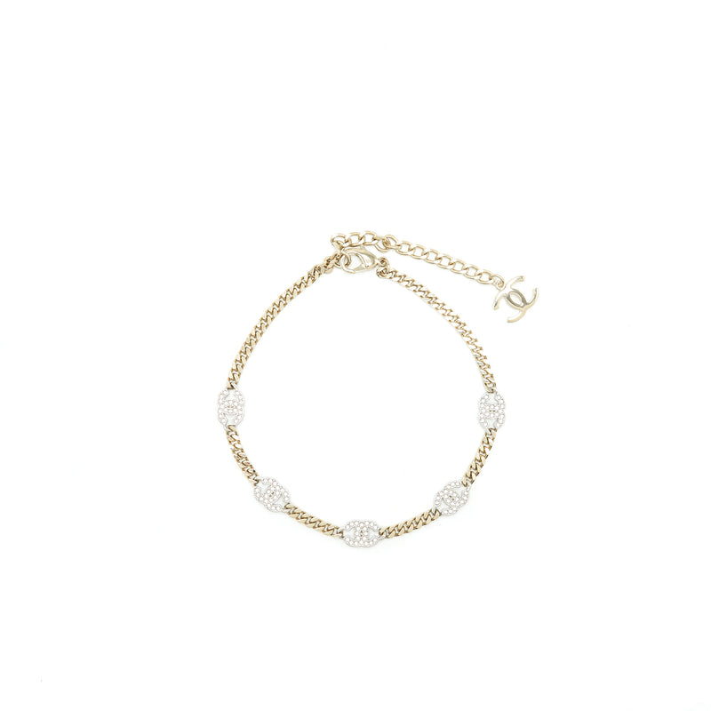 Chanel Mini CC Logo Choker/ Double Chain Bracelet Light Gold Tone