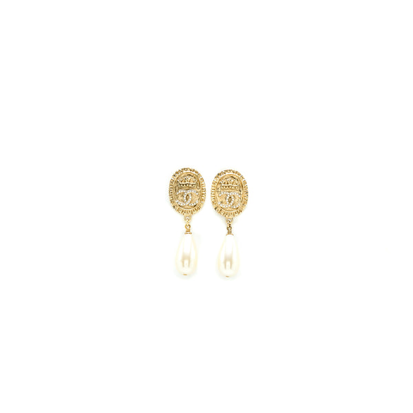 Chanel CC Logo Drop Earrings Pearl/Crystal Gold Tone