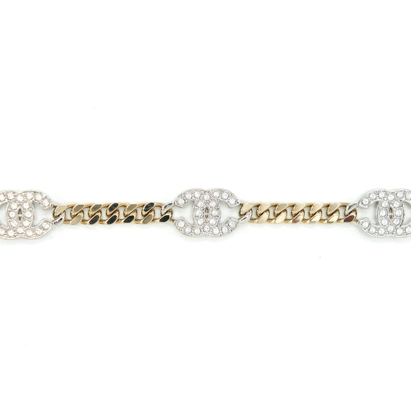 Chanel Mini CC Logo Choker/ Double Chain Bracelet Light Gold Tone