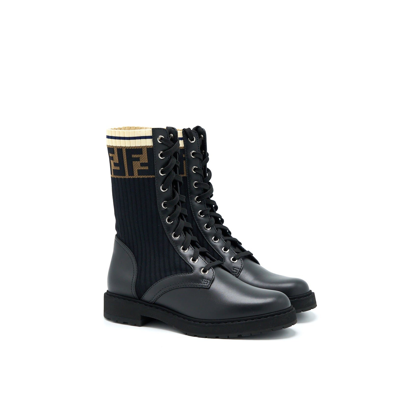 FENDI Size 37 Black Leather Biker Boots With Stretch Fabric SHW