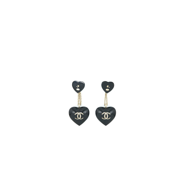 Chanel Double Heart Drop Earrings Crystal Black Silver Tone