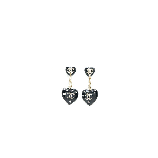 Chanel Double Heart Drop Earrings Crystal Black Silver Tone