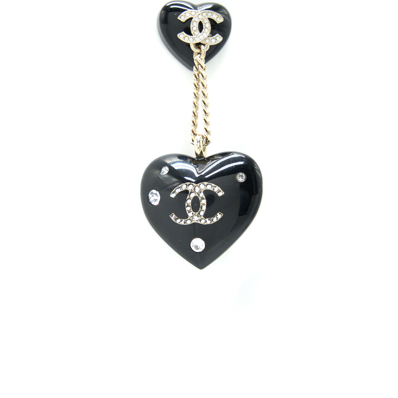 Chanel Double Heart Drop Earrings Crystal Black Silver Tone
