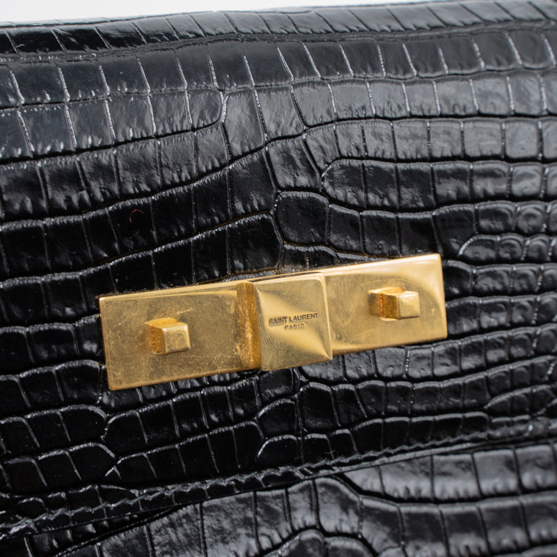 Saint Laurent Manhattan Shoulder Bag Crocodile-Embossed Black GHW